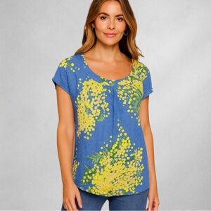 Boden Linen Blouse 4 Top Blue Yellow Floral Scoop Neck Short Sleeve